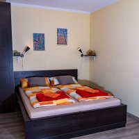 Wohn- & Schlafraum im Apartment Lohhof: Doppelbett mit Schrank